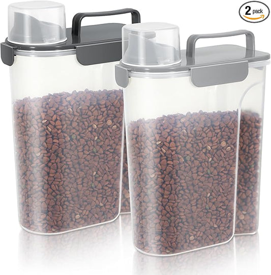 Cat Dog Food Storage Container, Upgraded Large Nozzle,5LBS Plastic Pet Food Storage Container, With 4 Sealed Clasps, 1 Measuring Cup and Handle, Easy to Clean and Carry -2 Pcs Light Gray + Dark Gray