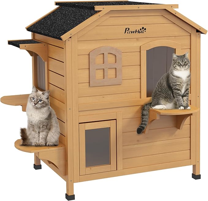 PawHut 2-Story Cat House Outdoor, Weatherproof Wooden Cat Enclosure for Feral Cats with Escape Door, Openable Roof, Jumping Platforms, Natural