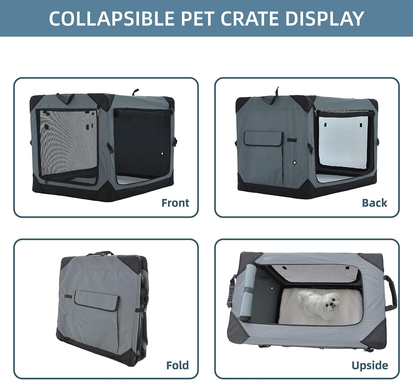 Pettycare 36 Inch Collapsible Crate for Large Dogs, 4-Door Foldable Soft Kennel with Chew Proof Mesh Windows for Indoor & Outdoor Travel