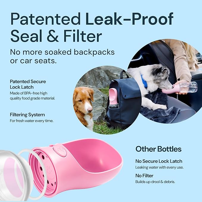 MalsiPree Dog Water Bowl Dispenser - 12 Oz, Pink - Portable Dog Water Bottle & Travel Pet Bowl - Leak Proof