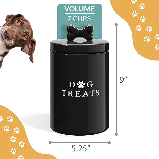 Barnyard Designs Large Dog Treat Container Airtight with Lid, Cute Rustic Ceramic Dog Treat Storage Jar for Kitchen Counter (Black)