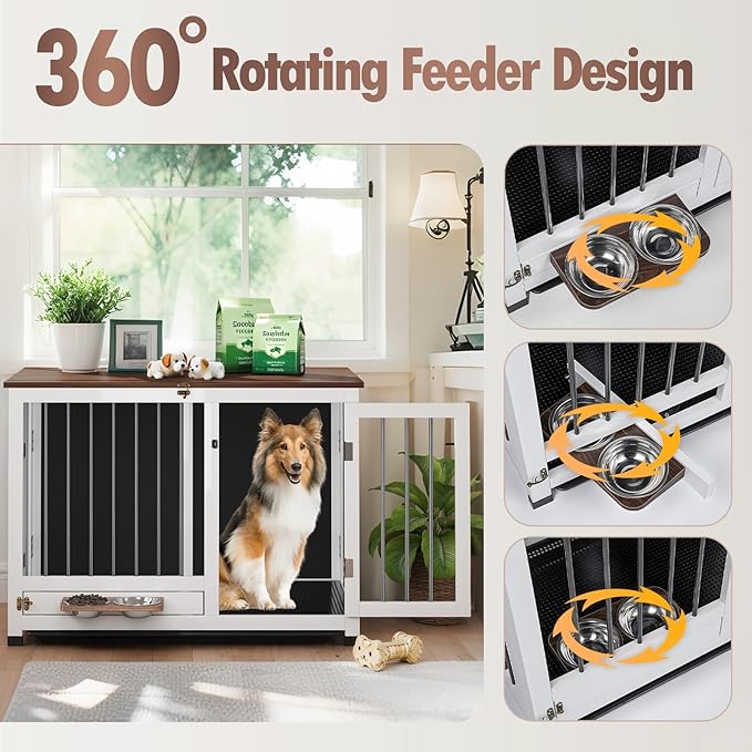 39.4" Dog Crate - Wooden Dog Kennel Furniture with Removable Tray & 360° Rotating Feeder | Indoor Sturdy End Table for Medium & Large Dogs | Easy Assembly, White Dog Cage for Living Room