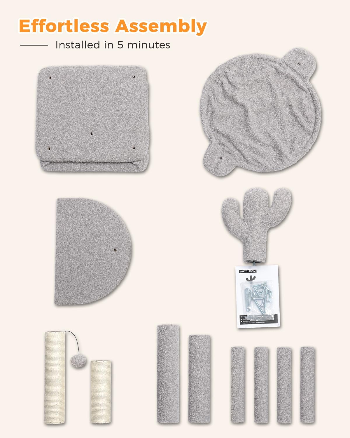 Cactus Cat Tree Cat Scratching Post 40" Cat Tower with Large Metal Carpet Hammock, Cat Scratching Post for Indoor Cats with Condo& Dangling Ball, Grey