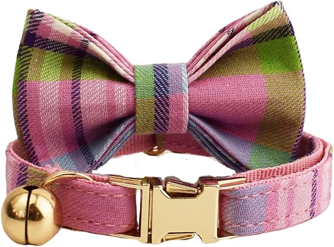 Plaid Polyester Personalized Cat Collar with Name & Owner Phone, Customizable Laser-Engraved, Charming Bell, Metal Buckle for Kittens and Cats - Matching Leash Available (Style-L)