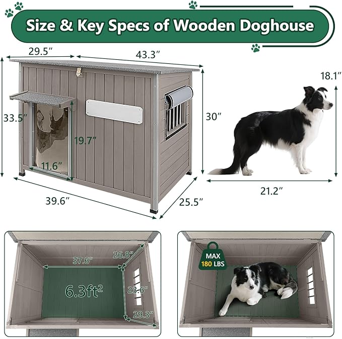 43.3" L Large Outdoor Dog House Weatherproof Doghouse for Medium to Large Dogs with Anti Bite Frames Wooden Dog Kennel with Window,8 Elevated Feet,Reinforced Bottom for Pet Up to 180 LBS