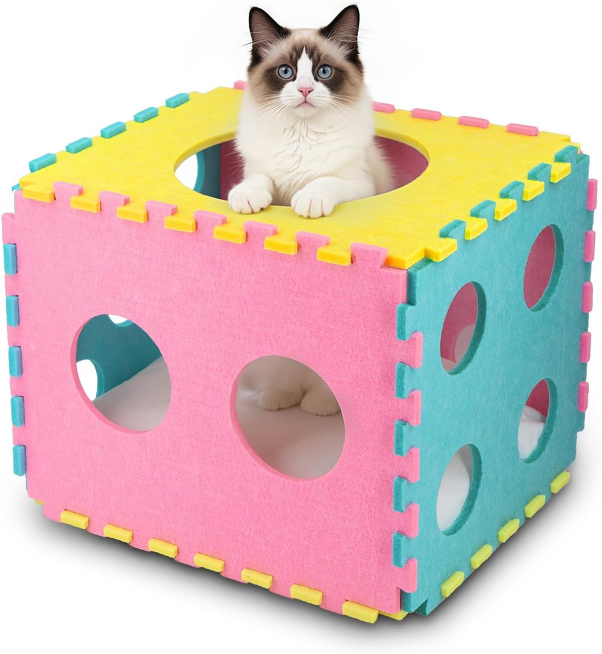 Cat Houses for Indoor Cats, Cute Cat Bed Cave with Soft Pillow, Cat Cube for Multiple Large Cats, Fun Dice Shaped, 17 Inches