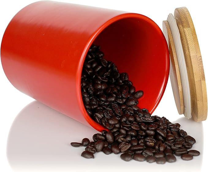 Arthausen Red Ceramic Storage Jar Canister for Flour Sugar - Airtight Bamboo Lid w/Silicone Seal, Spoon - Modern Abstract Art Design for Kitchen Counter Bathroom - 4 cup / 1080mL