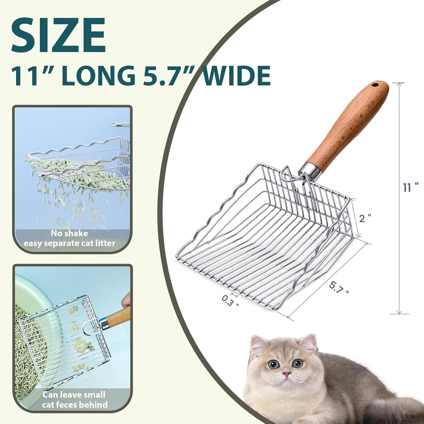 Cat Litter Scoop, Kitty Metal Scooper with Hook and Hole, Stainless Steel Kitten Poop Lifter for Litter Box, Non Stick, Durable and Heavy Duty Sifter for Easy Clean