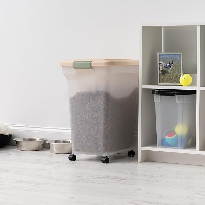 IRIS USA 58 Lbs / 67 Qt WeatherPro Airtight Pet Food Storage Container with Attachable Casters, For Dog Cat Bird and Other Pet Food Storage Bin, Keep Fresh, Translucent Body, Almond/Clear