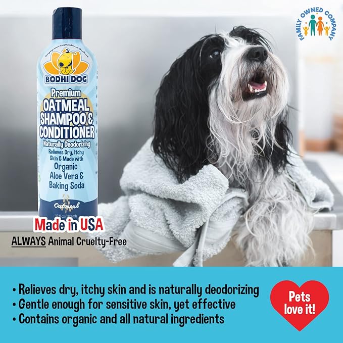 Bodhi Dog Grooming Bundle - Oatmeal Shampoo & Conditioner with Bath Brush - Pet Shower Supplies for Dogs and Cats - Gentle Care for Long, Short & Curly Hair, Safe and Effective, Made in USA