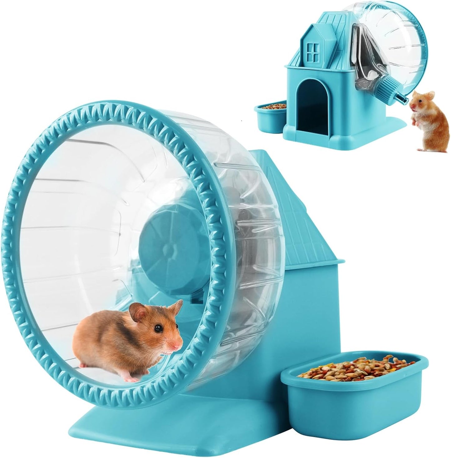 4 in 1 Silent Large Hamster Wheel Multifunctional Hamster Running Wheel Quite Running Spinner Wheel Accessories with Food Bowl Water Bottle for Hamsters Dwarf Gerbil (Blue)
