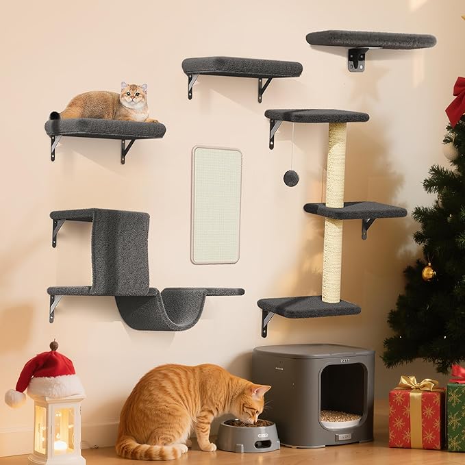 6-in-1 Wall Mounted Cat Climber Set for Heavy Cats,Wall Shelves,Stable & Safe Cat Furniture Set for Large Cats, Wooden Climbing Wall with Scratching Post(Black)