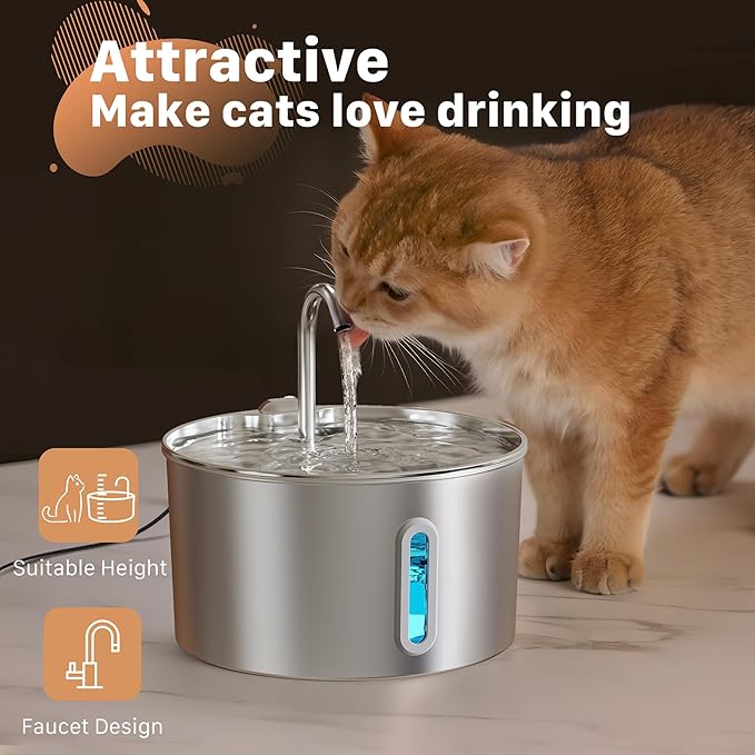 Cat Water Fountain Stainless Steel: 74oz/2.2L Cat Fountain for Drinking - Pet Water Fountain for Cats Inside - Automatic Dog Water Dispenser Bowl Feeding & Watering Supplies 6 Filters 3 Sponges