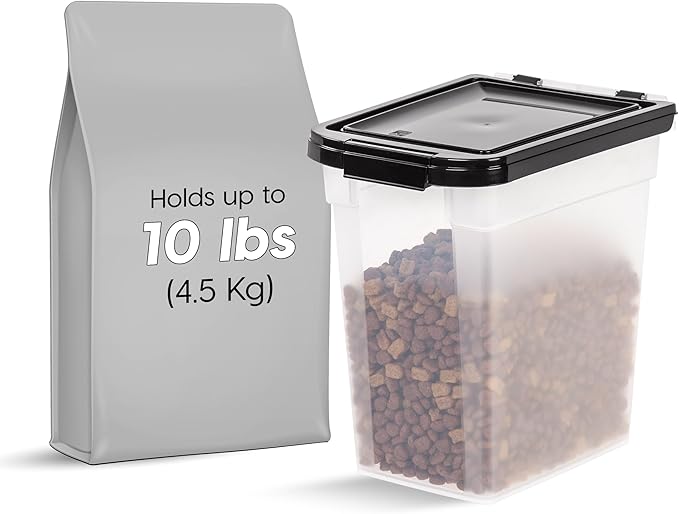 IRIS USA Airtight Dog Food Storage Container, WeatherPro, Up to 10 lbs, Removable Wheels, for Dog Cat Bird and Other Pet Food Storage Bin, Keep Fresh, Translucent Body, Made in USA, Clear/Black