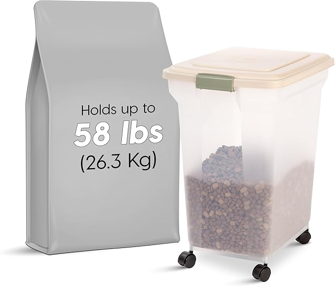 IRIS USA 58 Lbs / 67 Qt WeatherPro Airtight Pet Food Storage Container with Attachable Casters, For Dog Cat Bird and Other Pet Food Storage Bin, Keep Fresh, Translucent Body, Almond/Clear