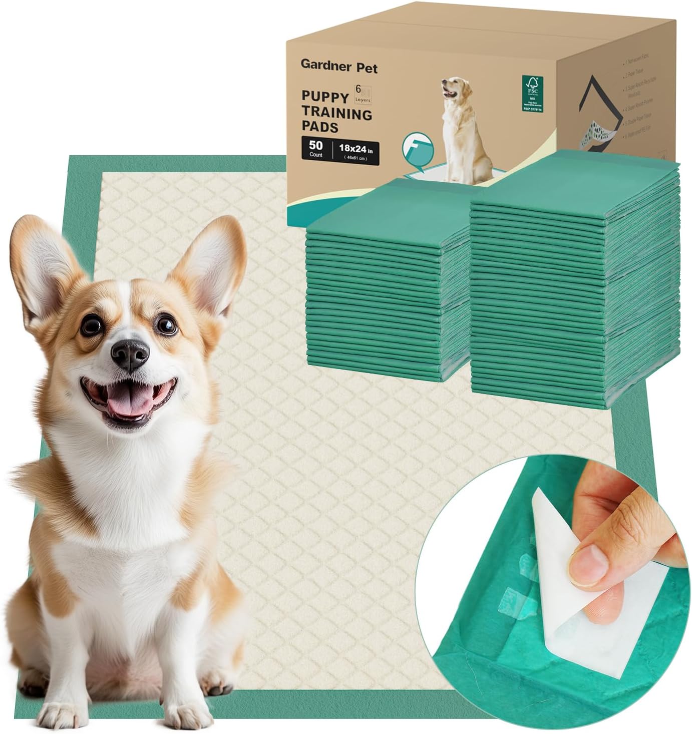 Gardner Pet Puppy Pee Pads Large 18"x24", 50 Count, Dog Pee Pads with Adhesive Sticky Tape, Max Absorbency, Leak Prevention Disposable Training Bed Pad for Doggie, Cats, Rabbits, Crate/Cage