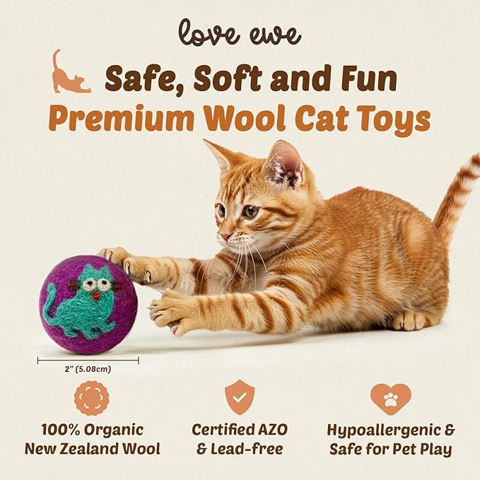 Hustle & Blush Wool Felt Balls - 3 Pack Love Ewe Pet Supplies – 2in Colorful & Durable Cat Toys Handmade from New Zealand, Ideal for Indoor Play and Mental Stimulation – Cat & Mouse Design