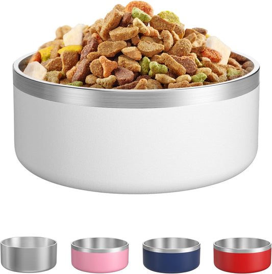 LIANLAI Dog Bowls Large Sized Dishes, Rust-Resistant Stainless Steel Dog Bowls, No Spill Pet Water Bowl, Double-Walled Puppy Bowl (White，64 oz)
