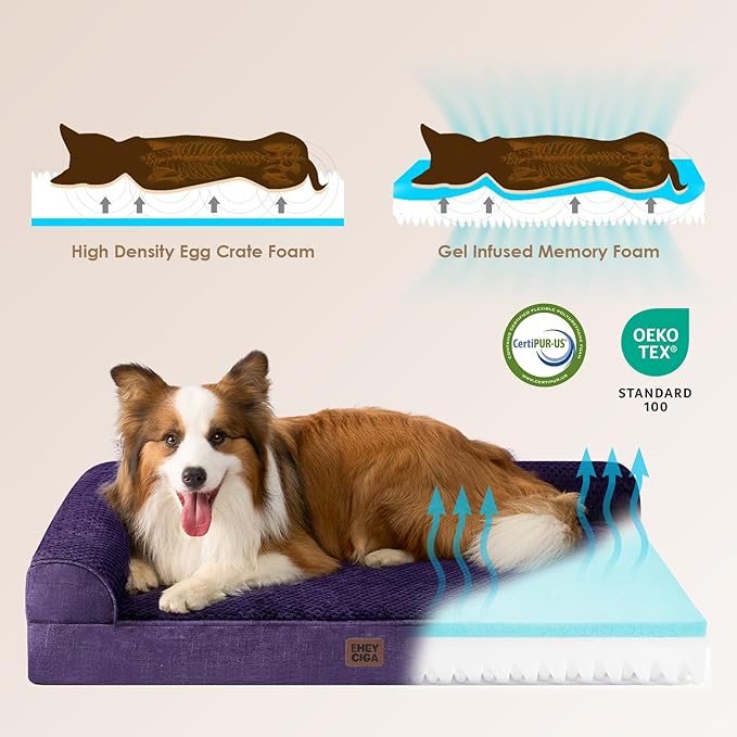 EHEYCIGA Memory Foam Dog Bed Large Sized Dogs, Waterproof Dog Bed Orthopedic with Washable Removable Cover, Non-Slip Pet Bed Couch, 36x27x6 Inches, Purple