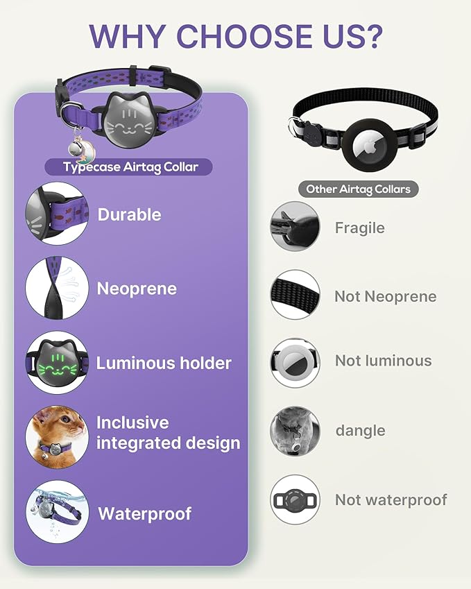 Waterproof Airtag Cat Collar, Breakaway Cat Airtag Collar with Luminous & Reflective Pattern Strap, Lightweight Kitten Collars for Apple Air tag, Hidden Holder for GPS Tracker - Cats, Kittens (9-13")