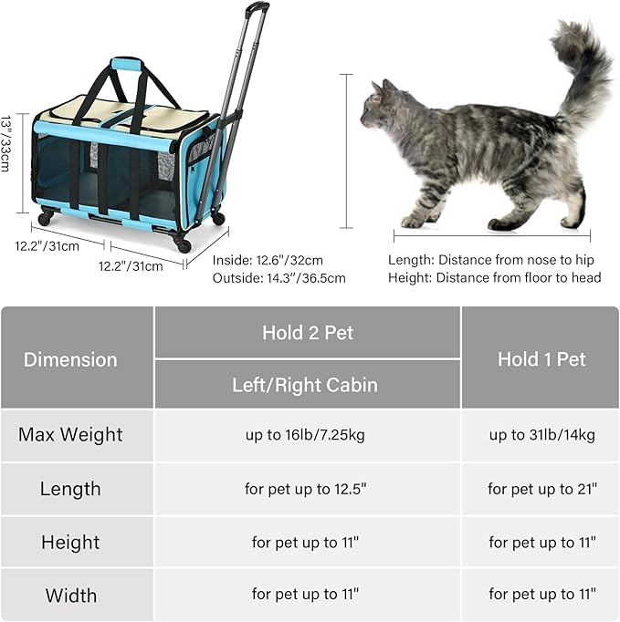 MILADA Large Cat Carrier for 2 Cats, Soft Big Pet Carrier with Wheels, Double Cat Carrier on Wheels, Rolling Pet Carrier for Travel Hiking Shopping and Camping（Not for Air Travel）, Blue