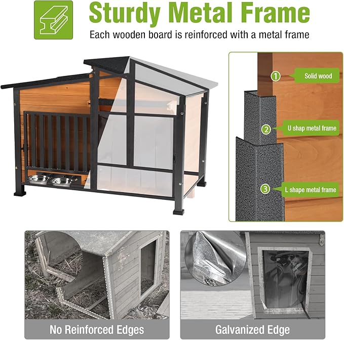 GUTINNEEN Heated Dog House Outdoor Dog Kennel with Safe Heated Pad, Chew-Proof Metal Frame and Rotating Food Bowl for Small to Medium Dogs, 39.7"x25.5"x32.2" (Dark Brown)