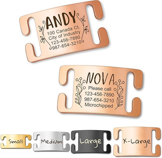 Anavia Slide On Silent Pet ID Tags, Fun Wild Flower Frame Design Personalized Engraved Plated Stainless Steel Cat Dog Name Tags, Glossy Customized Chew-Proof Quiet Dog Collar Tags (X-Large, Rose Gold)