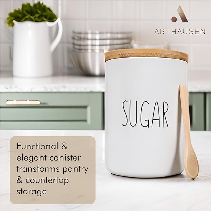 Arthausen Sugar Ceramic Storage 4 Cup / 1080mL Container w/Bamboo Lid Silicone Seal & Spoon, Modern Abstract Art Design for Flour Coffee Spice Airtight Storage on Kitchen Counter Bathroom Organizer