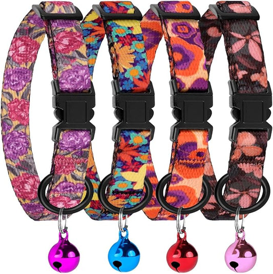 4PCS Breakaway Cat Collars with Bell - Cute Soft Adjustable Safety Kitten Collars 4-Pack - Nylon Pet Collars Nature Tribal Striped Floral Space Aztec Flowers Print (Floral)