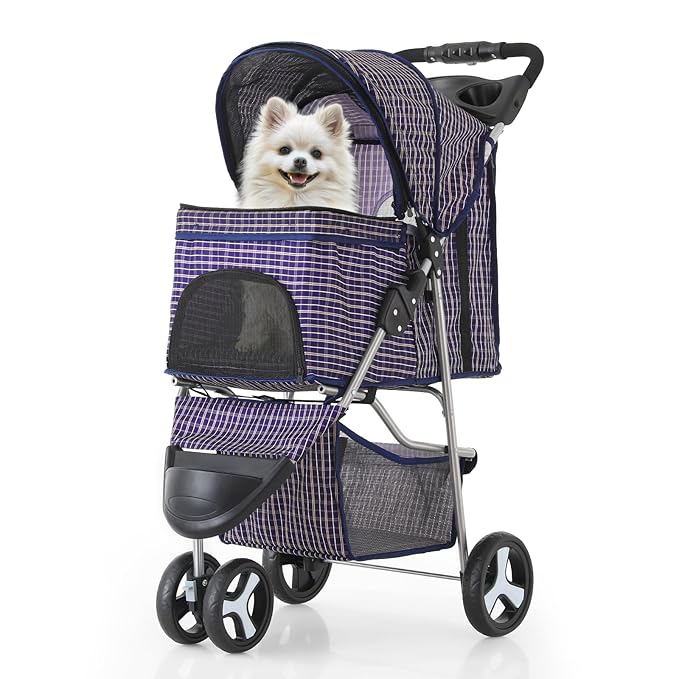 MoNiBloom 3 Wheels Pet Dog Cat Stroller for Small Medium Dogs Cats, Lightweight Foldable Jogger Stroller w/Storage Basket and Cup Holder, Plaid