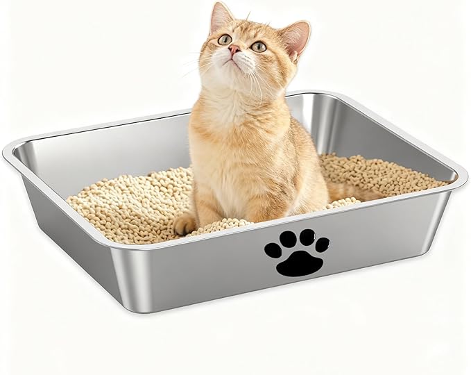 Stainless Steel Litter Box, Metal Cat Litter Pans-4“ Height Low Entry Indoor Pet Toilet Supplies for Kitty, Kitten, Rabbit, Puppy,No Stick Easy Clean-No Smell