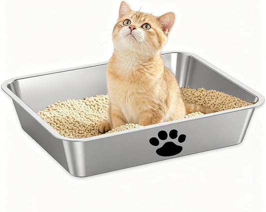 Stainless Steel Litter Box, Metal Cat Litter Pans-4“ Height Low Entry Indoor Pet Toilet Supplies for Kitty, Kitten, Rabbit, Puppy,No Stick Easy Clean-No Smell