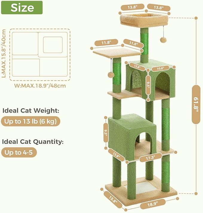 62" Cat Tree for Indoor Cats, Multi-Level Cat Tower for Large Cats with Scratching Posts, 2 Spacious Plush Condos, Padded Perch, Soft Cat Bed, Scratching Pad & 2 Pompoms, Green
