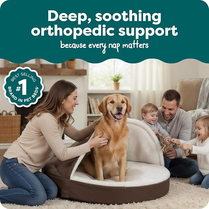 Furhaven 44" Round Orthopedic Dog Bed for Large Dogs w/ Removable Washable Cover, For Dogs Up to 80 lbs - Sherpa & Suede Snuggery - Espresso, 44-inch