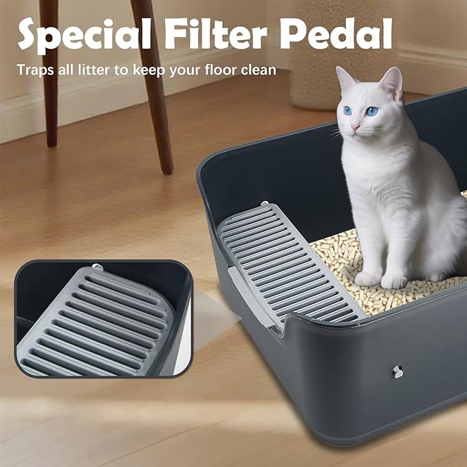 Large Cat Litter Box with High Sides and Low Entry,Open Top Litter Pan with Litter Trapping Pedal for Indoor Big Cats,Kittens and Multicat Homes,Easy to Clean,Anti-Urine Leakage (Grey)