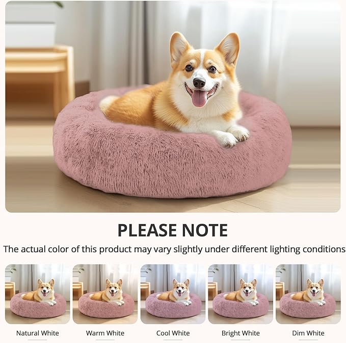 JOLLYVOGUE Small Dog & Cat Beds for Indoor Cats, Donut Cuddler Warming Soft Dog Beds with Anti-Slip Bottom, Round Calming Fluffy Plush Faux Fur Cushion Bed for Medium Dogs (31", Dark Pink)