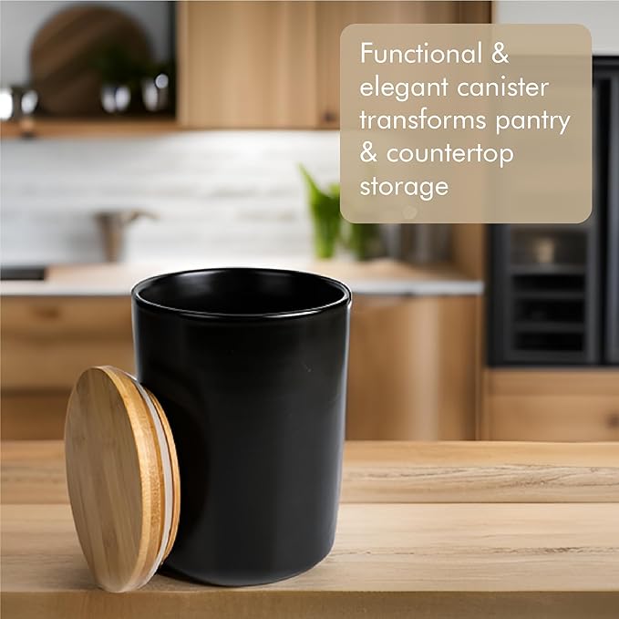 Arthausen Black Ceramic Storage Jar Canister for Flour Sugar - Airtight Bamboo Lid w/Silicone Seal, Spoon - Modern Abstract Art Design for Kitchen Counter Bathroom - 4 cup / 1080mL