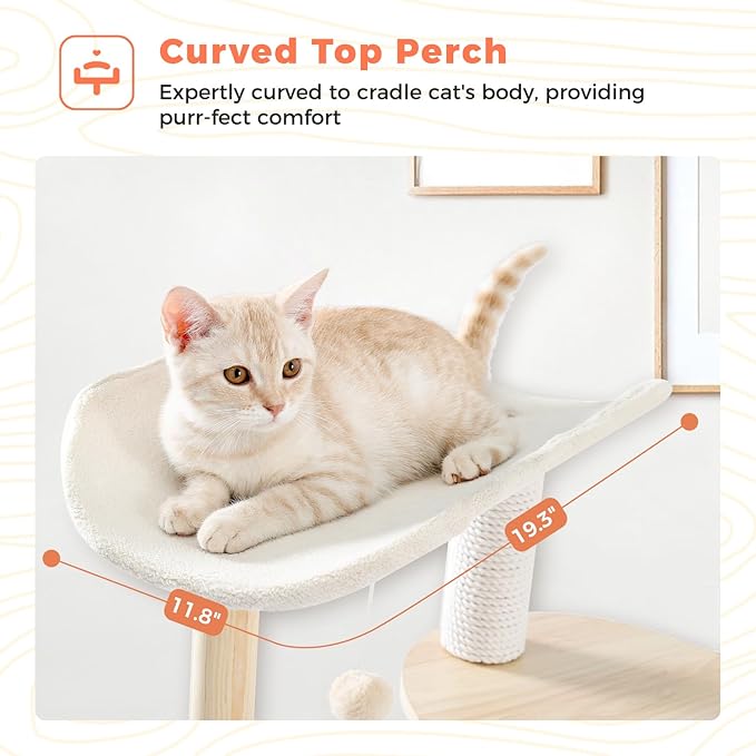 49” Wood Cat Tree Tower for Indoor Cats, 5-Level Modern Cat Tower with Curved Top Perch, Fully Cotton Scratching Posts & Natural Wood Posts, Cat Furniture with Interactive Dangling Ball, Beige