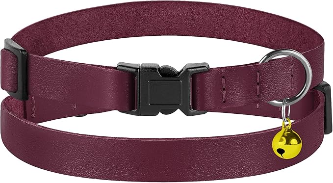 Breakaway Cat Collar with Bell - Leather Adjustable Kitten Collars with Safety Quick Release Buckle - Soft Small Pet Collars for Girl & Boy Cats (Burgundy)