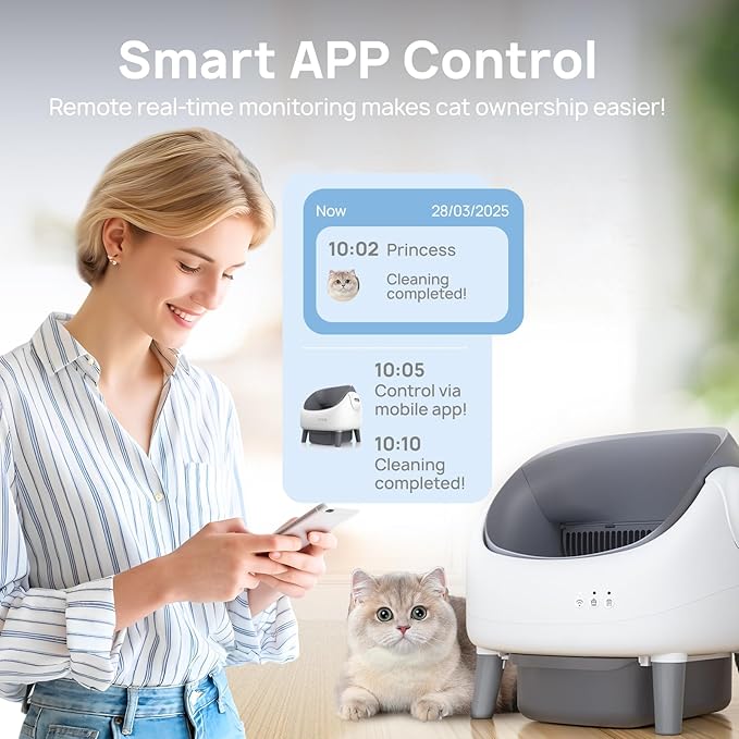 Open-Top Self Cleaning Litter Box, Automatic Cat Litter Box with APP Control, Dual Safety Sensors, Includes Trash Bags, Grey-White