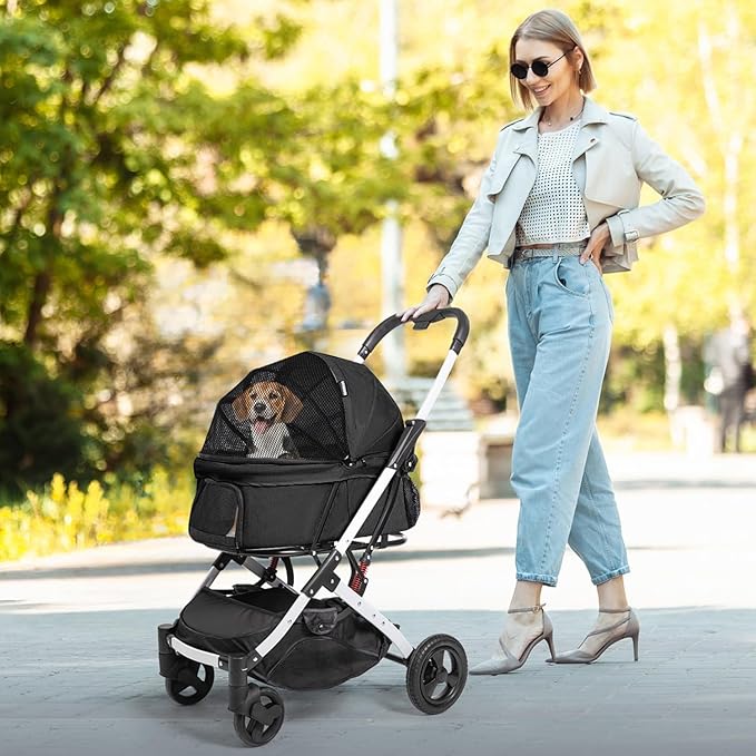 Pet Stroller for Medium Small Dog & Cat, Foldable Lightweight Dog Stroller with Storage Basket Pet Travel Carriage with Safety Leashes, 4 Wheel, Black