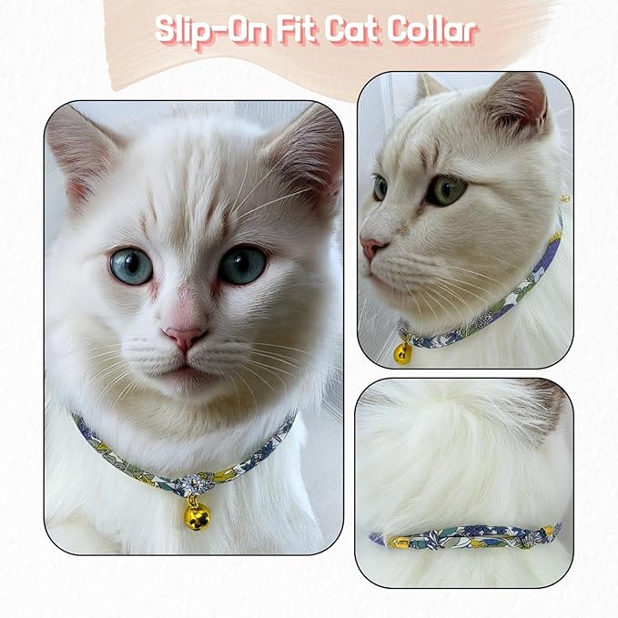 Handmade Cotton Cat Collar with Bell – Adjustable Slip-On Design, No Buckle, Lightweight Rope Collar for Kittens, Indoor Cats, and Small Pets (Iris)