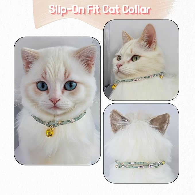 Handmade Cotton Cat Collar with Bell – Adjustable Slip-On Design, No Buckle, Lightweight Rope Collar for Kittens, Indoor Cats, and Small Pets (Sage)