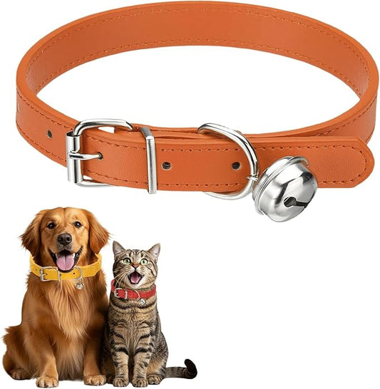 Dog Collar with Bell, Pu Leather Cat Collars Pet Basic Soft Padded Adjustable Buckle, 20" (Orange, 1 Pcs), Intended for Teacup/Little Dog/Kitten Cats/Small Animals