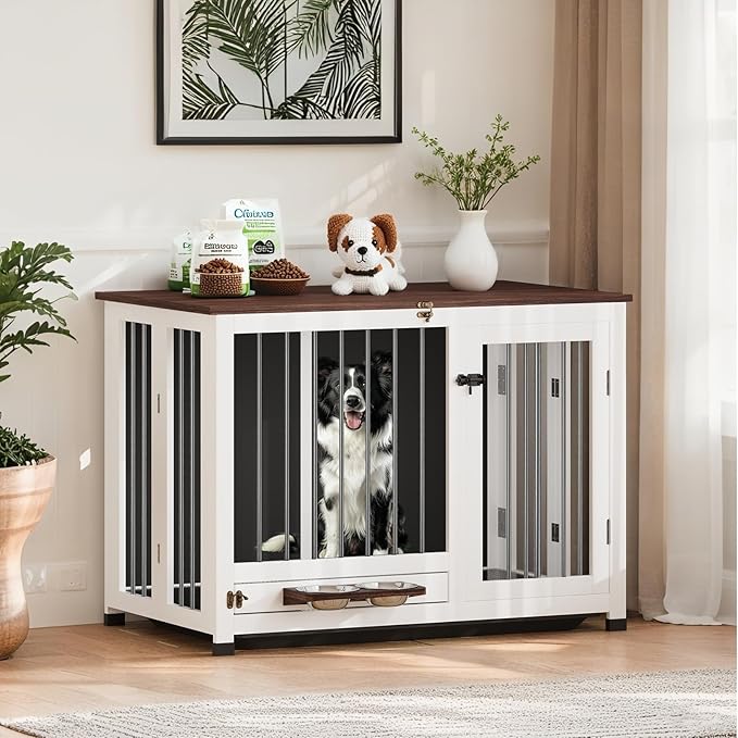 39.4" Dog Crate - Wooden Dog Kennel Furniture with Removable Tray & 360° Rotating Feeder | Indoor Sturdy End Table for Medium & Large Dogs | Easy Assembly, White Dog Cage for Living Room