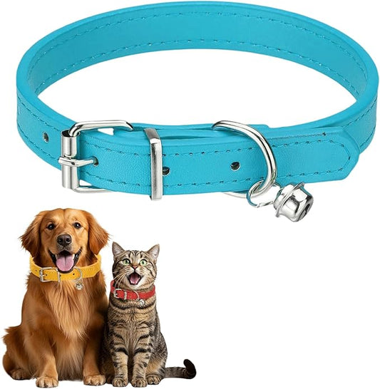 Dog Collar with Bell, Pu Leather Cat Collars Pet Basic Soft Padded Adjustable Buckle, 14.5" (Bright Blue, 1 Pcs), Intended for Teacup/Little Dog/Kitten Cats/Small Animals