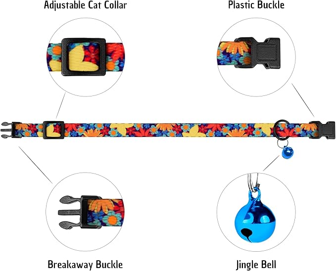 Cat Collars 2 Pack - Soft Cute Breakaway Collar with Bell, Adjustable Safety Kitten Collars for Girl & Boy Cats – Comfortable Stylish Patterned Print Lightweight (Floral + Arrows)