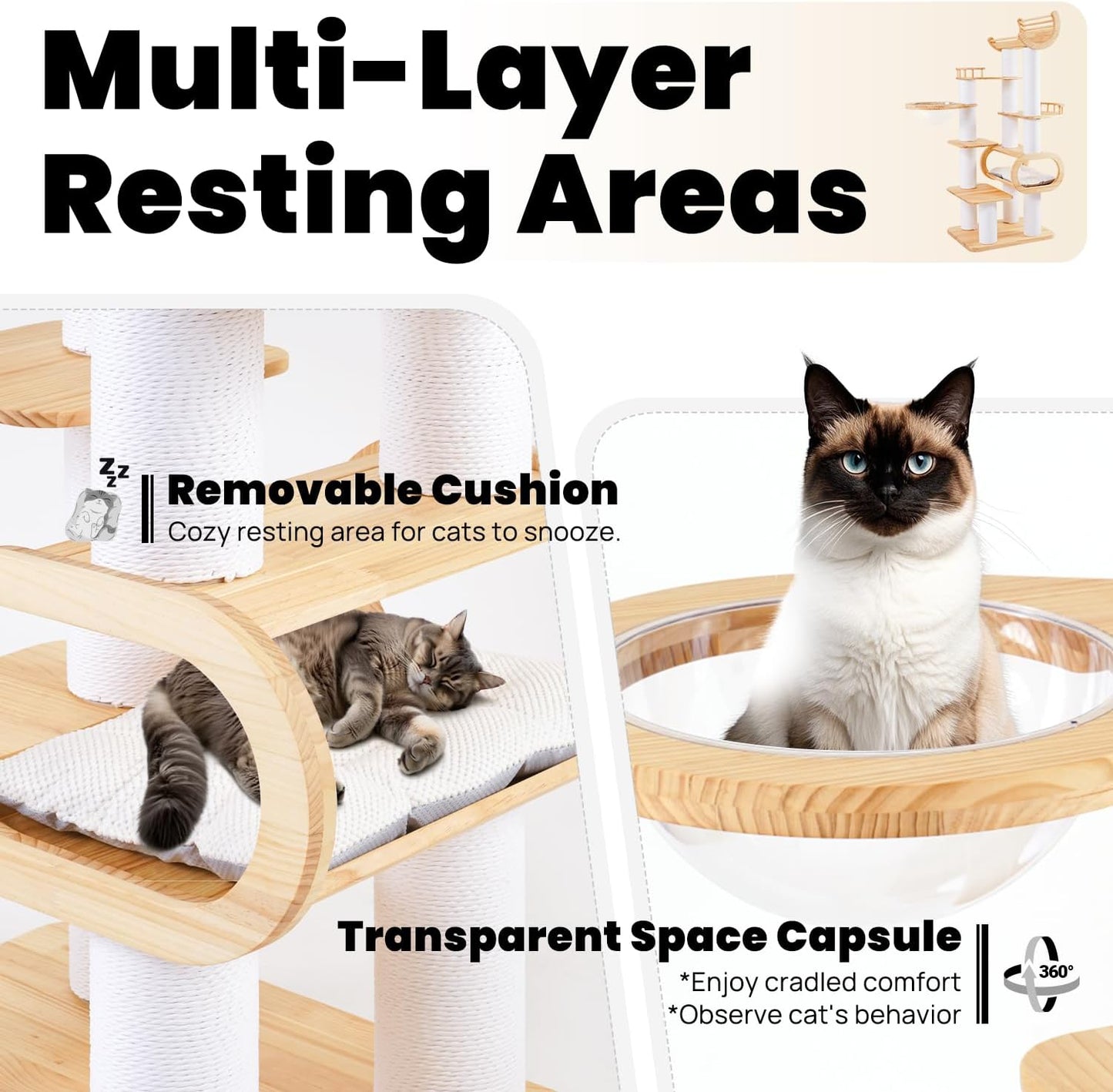 74.8" Modern Cat Tree for Indoor Cats, Tall Wood Cat Tower with Scratching Post, Heavy Duty Luxury Condo with Removable Mats, Multi-Level Cat Furniture for Cats