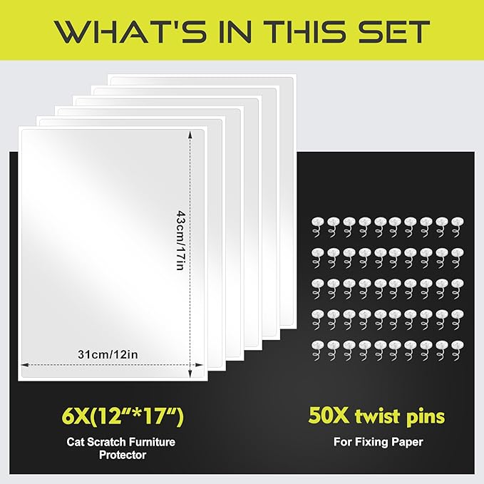 Anti Cat Scratch Furniture Protector, 6 Pack Couch Protector from Cat Claws for Sofa Corners, Walls & Doors – Heavy-Duty, Easy-to-Apply Shields with 50 Twist Pins