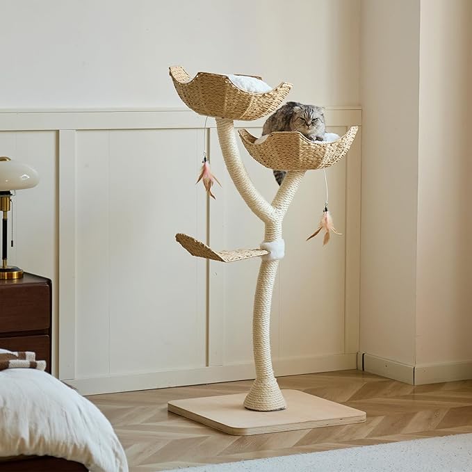 51" Tall Modern Luxury Cat Tree Tower Cat Scratching Post with Handwoven Baskests for Multiple Cats Furniture for Cat Lover Gifts(51" Natural)